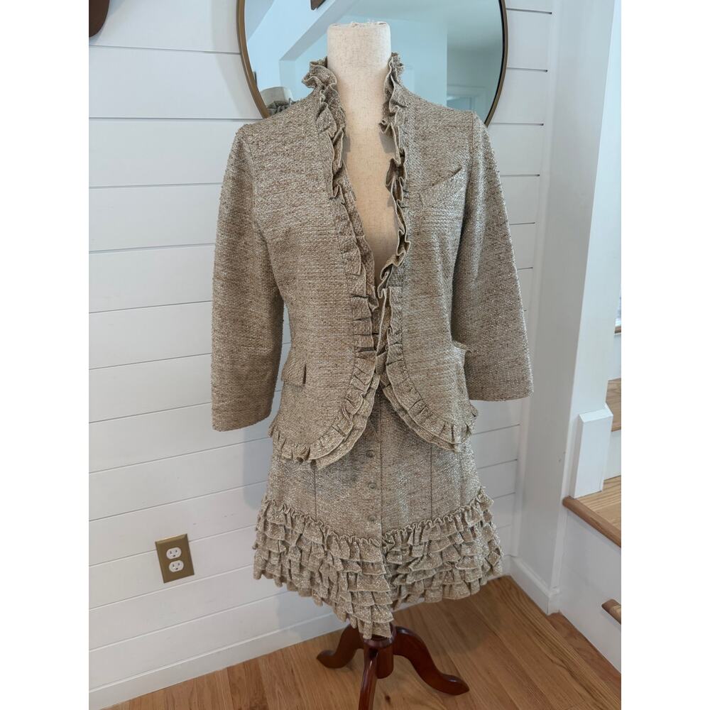Vintage 80s Gold Tweed Skirt Suit Set | Fine Garments by Bell | Ruffle Trim